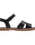 Side view of Women's Sorel Ella III Sandal showing sleek black leather straps and flat sole for all-day comfort and style.