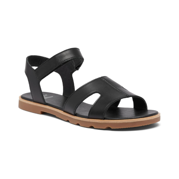 Women's Sorel Ella III Sandal in black leather with open toe and backstrap, ideal for casual wear and versatile summer outfits.