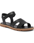 Women's Sorel Ella III Sandal in black leather with open toe and backstrap, ideal for casual wear and versatile summer outfits.