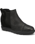 Women's Sorel Evie Pull On Wedge Boot in black leather with waterproof finish and rubber outsole for grip. Stylish ankle boot for fall wear.