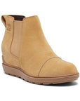 Tan Women's Sorel Evie Pull On Wedge Boot with suede upper and rubber sole, ideal for stylish waterproof fall footwear with wedge support.