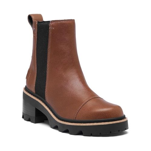 Women's Sorel Joan Now Chelsea Waterproof Boot in brown with chunky heel and black elastic side panels, ideal for fall fashion and wet weather.
