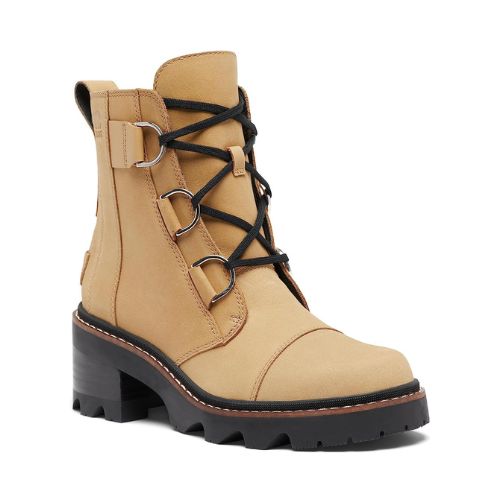 Women's Sorel Joan Now Lace Waterproof Boot in full-grain leather with chunky heel and black lace-up front, ideal for fall and winter wear.