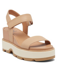 Women's Sorel Joanie IV Y-Strap Wedge Leather Sandal in beige with platform sole and backstrap, ideal for casual summer wear.