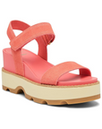 Women's Sorel Joanie IV Y-Strap Wedge Leather Sandal in coral pink with cream platform sole, ideal for vibrant summer outfits.