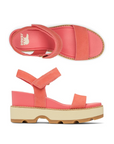 Top and side views of coral pink Women's Sorel Joanie IV Y-Strap Wedge Leather Sandal with suede straps and cushioned footbed.