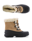 Pair of tan winter boot with faux fur lining, suede upper, round laces, and a rubber shell wrapping around the lower foot and up the sides.