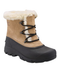 Tan winter boot with faux fur lining, suede upper, round laces, and a rubber shell wrapping around the lower foot and up the sides.