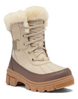 Beige mid winter lace-up boot with cream fur collar, accent brown mid wrap and rugged tan rubber outsole.