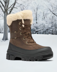 Dark brown winter mid boot in a snow winter forest scene.