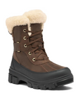 Dark Brown mid winter lace-up boots with cream fur collar, accent blacl mid wrap and rugged black rubber outsole.