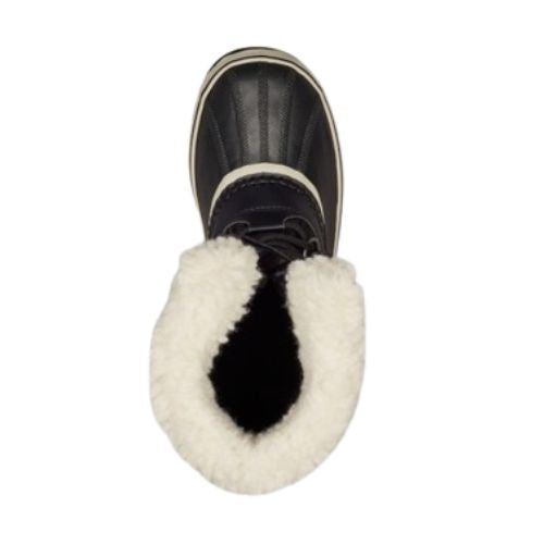 Top view of black Women's Sorel Winter Carnival Boot showing plush fleece interior for warmth and comfort in cold weather.