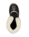 Top view of black Women's Sorel Winter Carnival Boot showing plush fleece interior for warmth and comfort in cold weather.