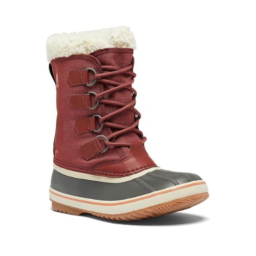 Women's Sorel Winter Carnival Waterproof Boot in red with faux shearling collar and lace-up design, ideal for snow and cold weather wear.