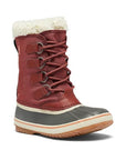 Women's Sorel Winter Carnival Waterproof Boot in red with faux shearling collar and lace-up design, ideal for snow and cold weather wear.