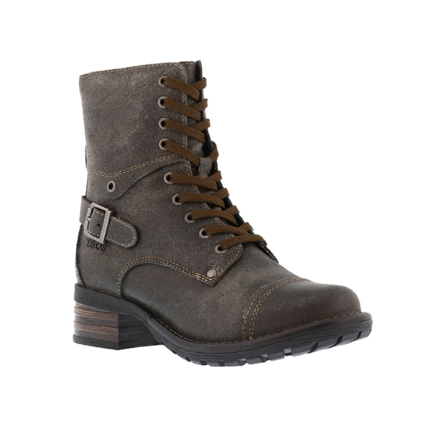 Taos Crave Combat Boot: dark gray leather, lace-up with side buckle, wooden block heel.