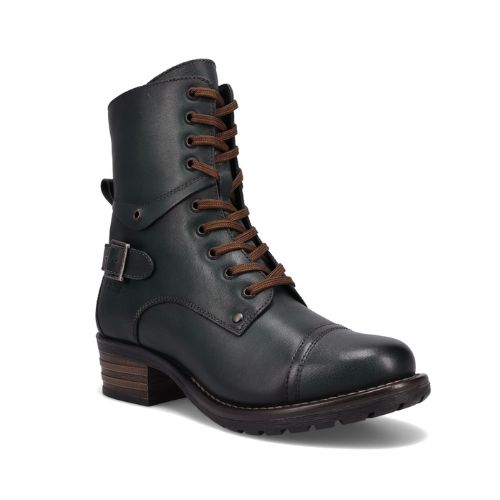 Taos Crave dark green leather combat boot with brown laces.