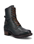 Taos Crave dark green leather combat boot with brown laces.