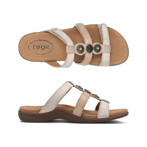 Top and side view of Women's Taos Prize 4 Slide Sandal in beige, showing contoured footbed and supportive leather straps.