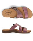 Pair of Purple metallic slide sandals with two Velcro straps, detail buckle, beige Taos logo'd footbed and black outsole.
