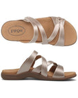 Top and side views of Women's Taos Double U Slide Sandal showing cushioned footbed, arch support, and sleek metallic straps.