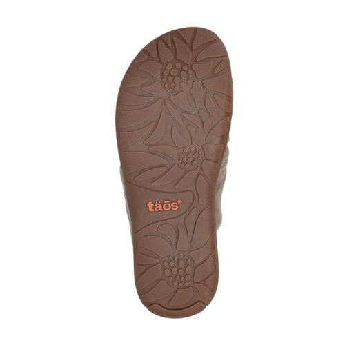 Bottom view of Women's Taos Gift Slide Sandal showing floral-patterned rubber outsole for grip and durability in stylish casual footwear.