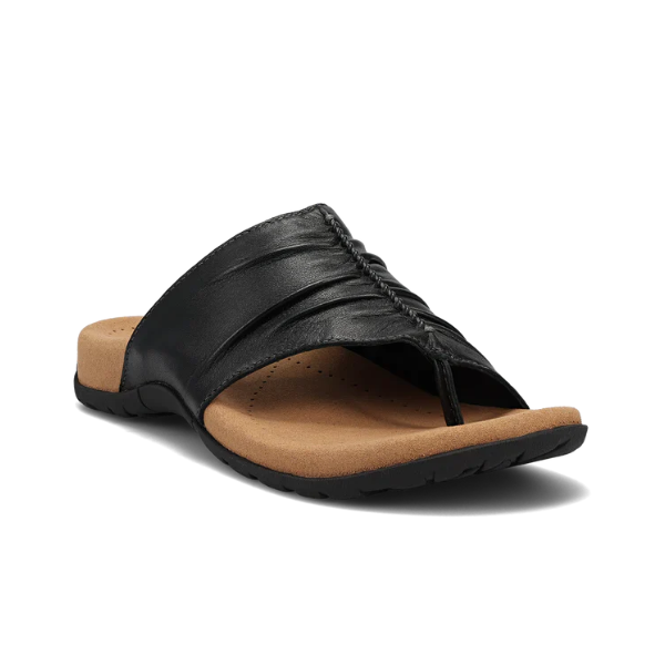 Women's Taos Gift Slide Toe-Ring Sandal in black leather with cushioned footbed and arch support, ideal for all-day comfort and casual wear.