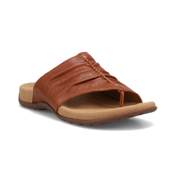 Women's Taos Gift Slide Toe-Ring Sandal in brown leather featuring ergonomic footbed and lightweight sole for stylish comfort and support.