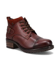 Red leather lace-up boot with a buckle at heel and brown low block heeled outsole.