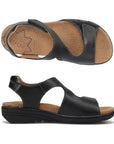 Pair of Backstrap Sandals in black leather with Velcro straps and tan Taos logo'd footbed and black outsole.