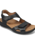 Backstrap Sandal in black leather with Velcro straps and tan Taos logo'd footbed and black outsole.