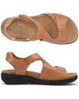 Pair of Backstrap Sandals in tan leather with Velcro straps and tan Taos logo'd footbed and black outsole.