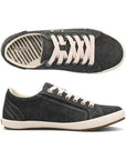 Top and side views of Women's Taos Star Lace-Up Sneaker showing durable canvas upper, cushioned footbed, and flexible outsole.