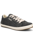 Women's Taos Star Lace-Up Sneaker in black canvas with white laces, offering great metatarsal and arch support for all-day comfort.