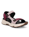Taos Super Side Backstrap Sandal in plum and lavender with cushioned arch support, water-friendly leather, and durable speckled outsole.