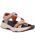 Super Z Backstrap Sandal with beige and orange adjustable straps, cushioned footbed, and speckled durable outsole for women.