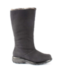 A mid-calf black suede boot with a grey faux-fur lining visible at the top and deep treaded outsole.