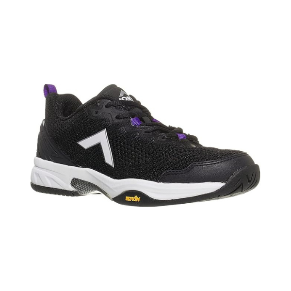 Black athletic shoe with purple accents, lateral stability, and a textured design.