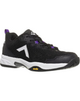 Black athletic shoe with purple accents, lateral stability, and a textured design.