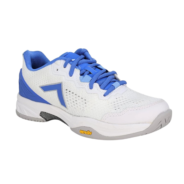 White/Blue pickleball shoe with a gray sole, breathable mesh, and a Vibram logo on the side.