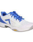 White/Blue pickleball shoe with a gray sole, breathable mesh, and a Vibram logo on the side.