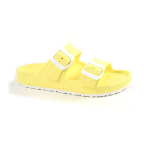 Yellow EVA sandal with two white buckles and white outsole.