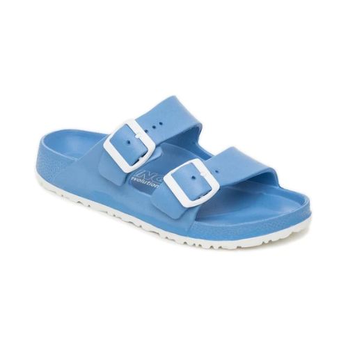Baby blue EVA sandal with two white buckles and white outsole.