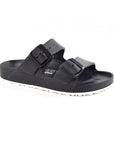 Black EVA sandal with two black buckles and white outsole.