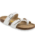 Women's Viking Tofino Toe-Loop Sandal in white with dual buckle straps and cork sole. Offers arch support and a soft suede liner.