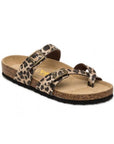 Women's Viking Tofino Toe-Loop Sandal with leopard print straps and cork footbed. Fashionable and supportive summer footwear.