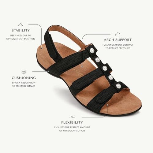 Black Women's Vionic Amber Backstrap Sandals with labeled features including arch support, cushioning, flexibility, and heel stability.