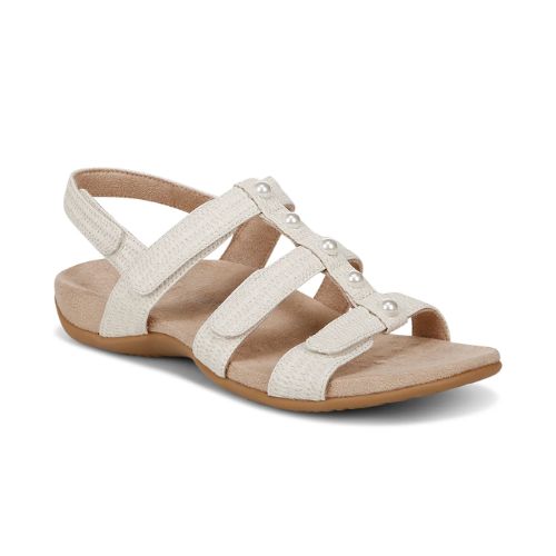 Women's Vionic Amber Backstrap Sandals in cream with adjustable straps and cushioned footbed for all-day support and comfort.