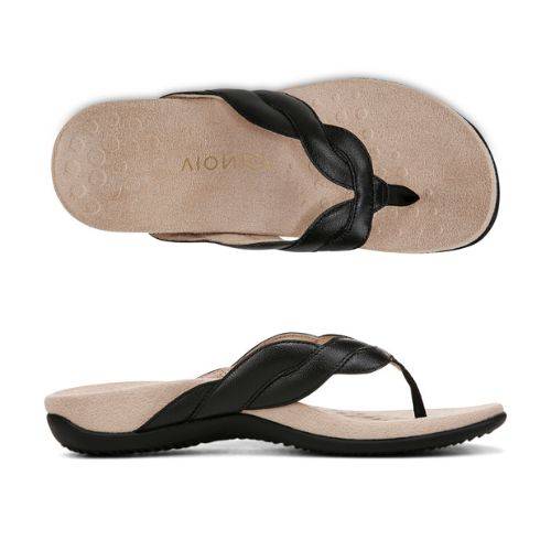 Pair of Black leather braided Toe Sandals with beige Vionic logo'd footbed and black rubber outsole.