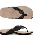 Pair of Black leather braided Toe Sandals with beige Vionic logo'd footbed and black rubber outsole.